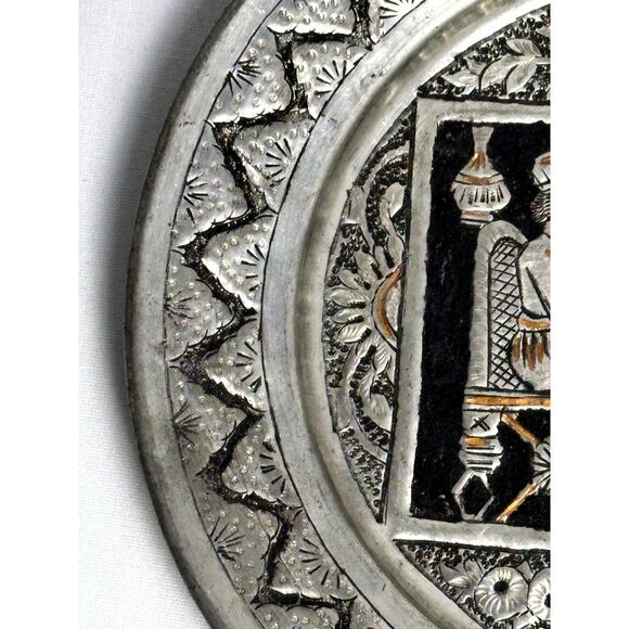 Persian Qajar Pewter Copper Inlay Mid Century Hand Crafted Etched Wall Art - Picture 2 of 7